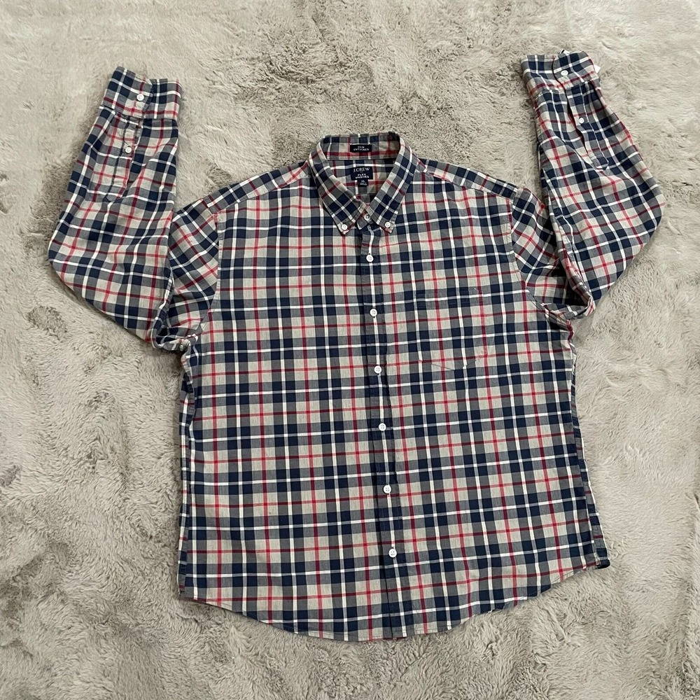 J Crew Mens Size XL Slim Untucked Flex Washed Blue Red Plaid Button Shirt School